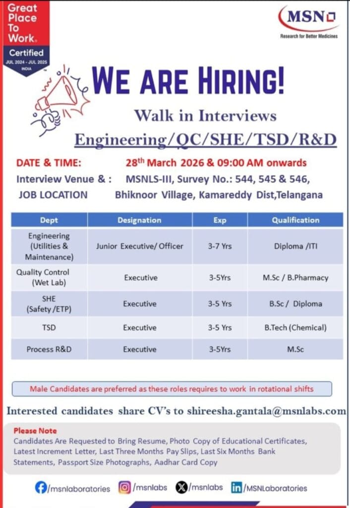 MSN Labs Walk In Interview On 28th March 2026