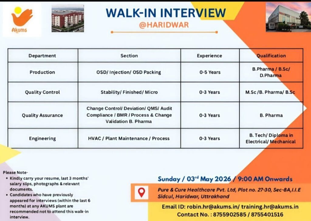 Akums walk-in interview Haridwar 2026