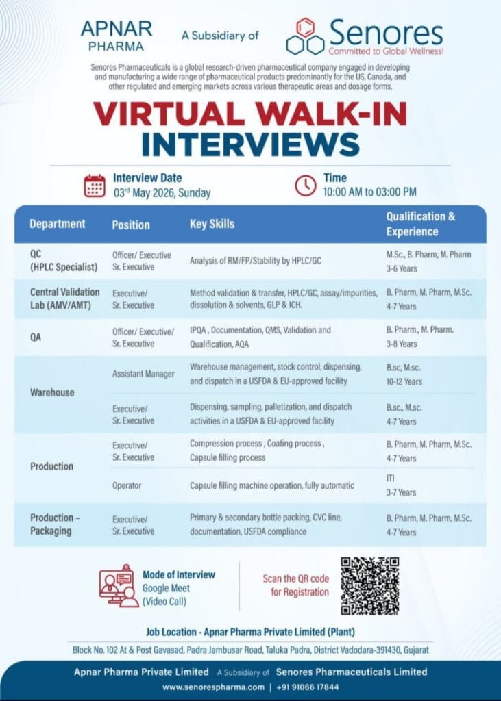Apnar Pharma is Hosting a Virtual Walk-In Interview (May 2026)