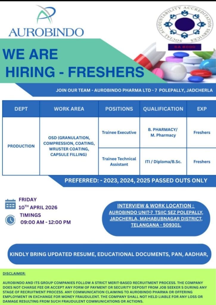 Aurobindo Pharma Ltd Walk-in interview for freshers on April 10, 2026