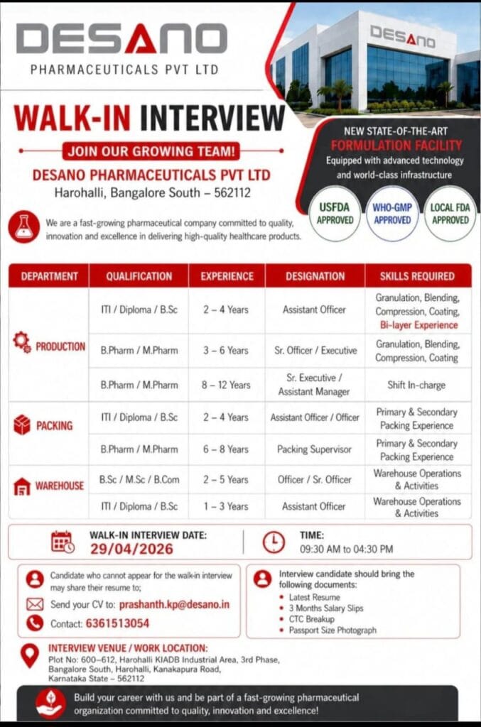Desano Pharma walk-in interview