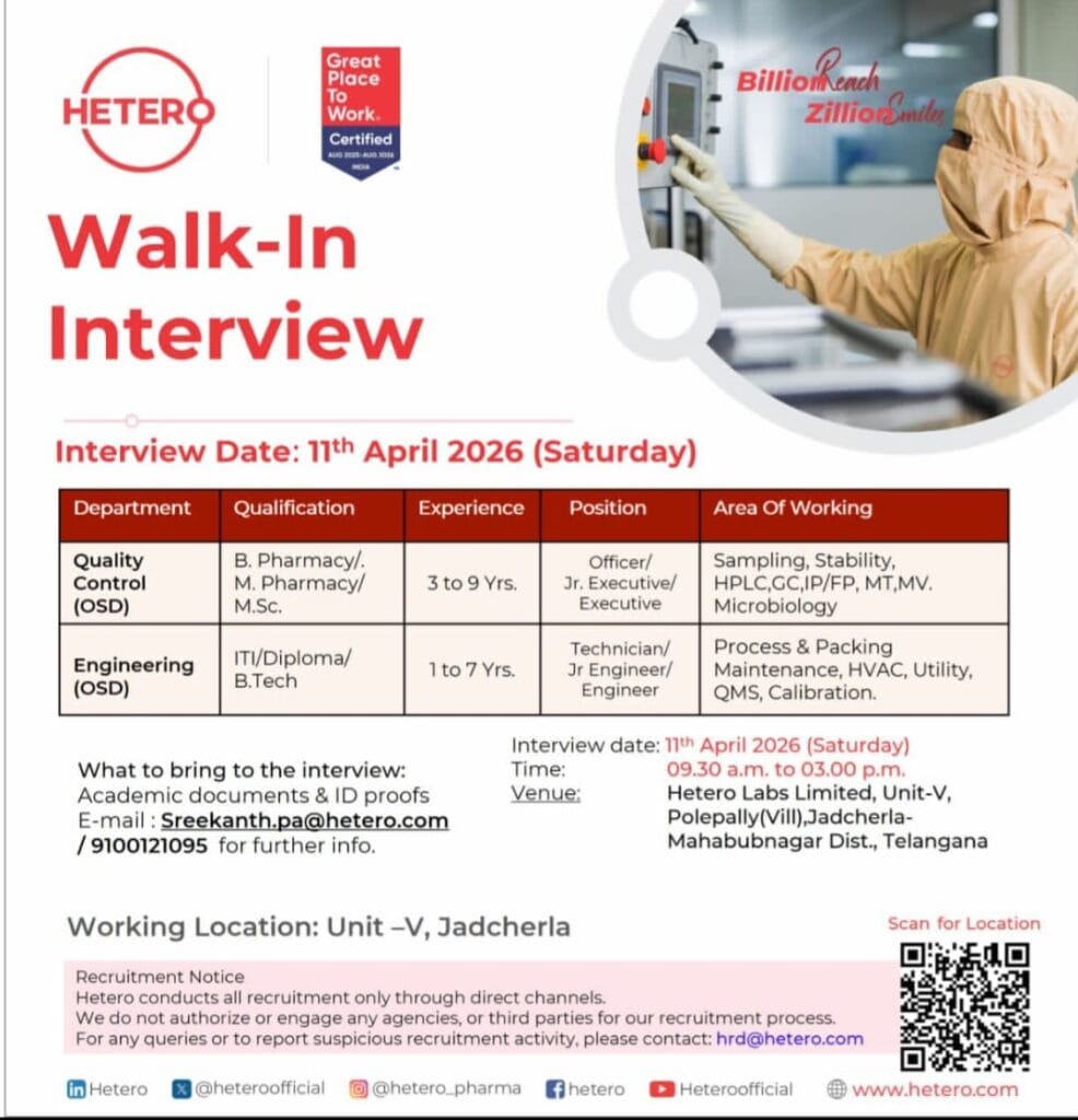 Hetero Walk-In Interview on 11th April 2026 (Saturday)