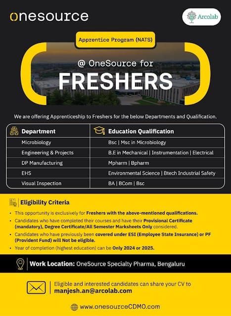 Arcolab Recruitment For Apprentice Program (NATS) for freshers at OneSource for 2024 & 2025 pass outs