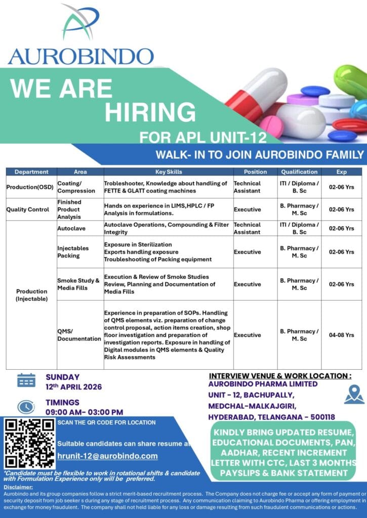 Aurobindo Pharma Walk-In Interview