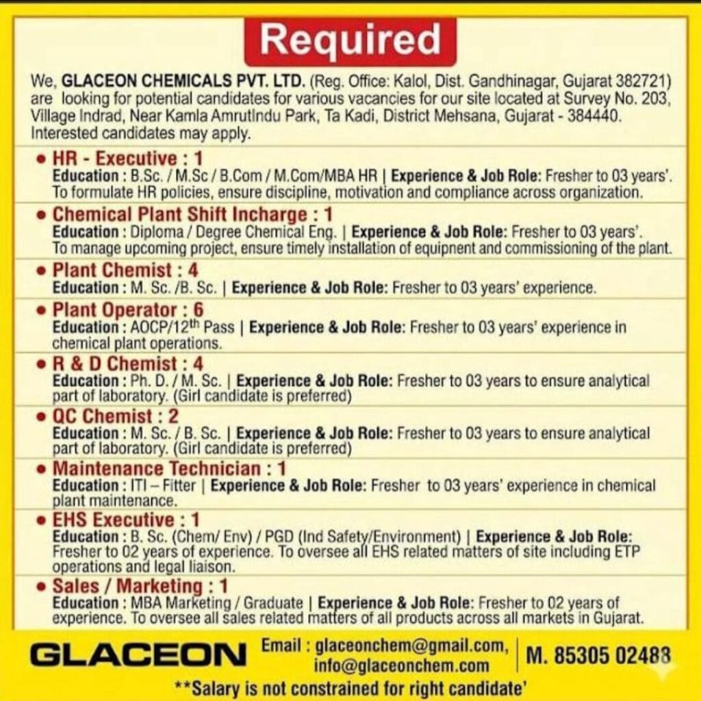 Glaceon Chemicals Hiring for Freshers and Experienced (2026)