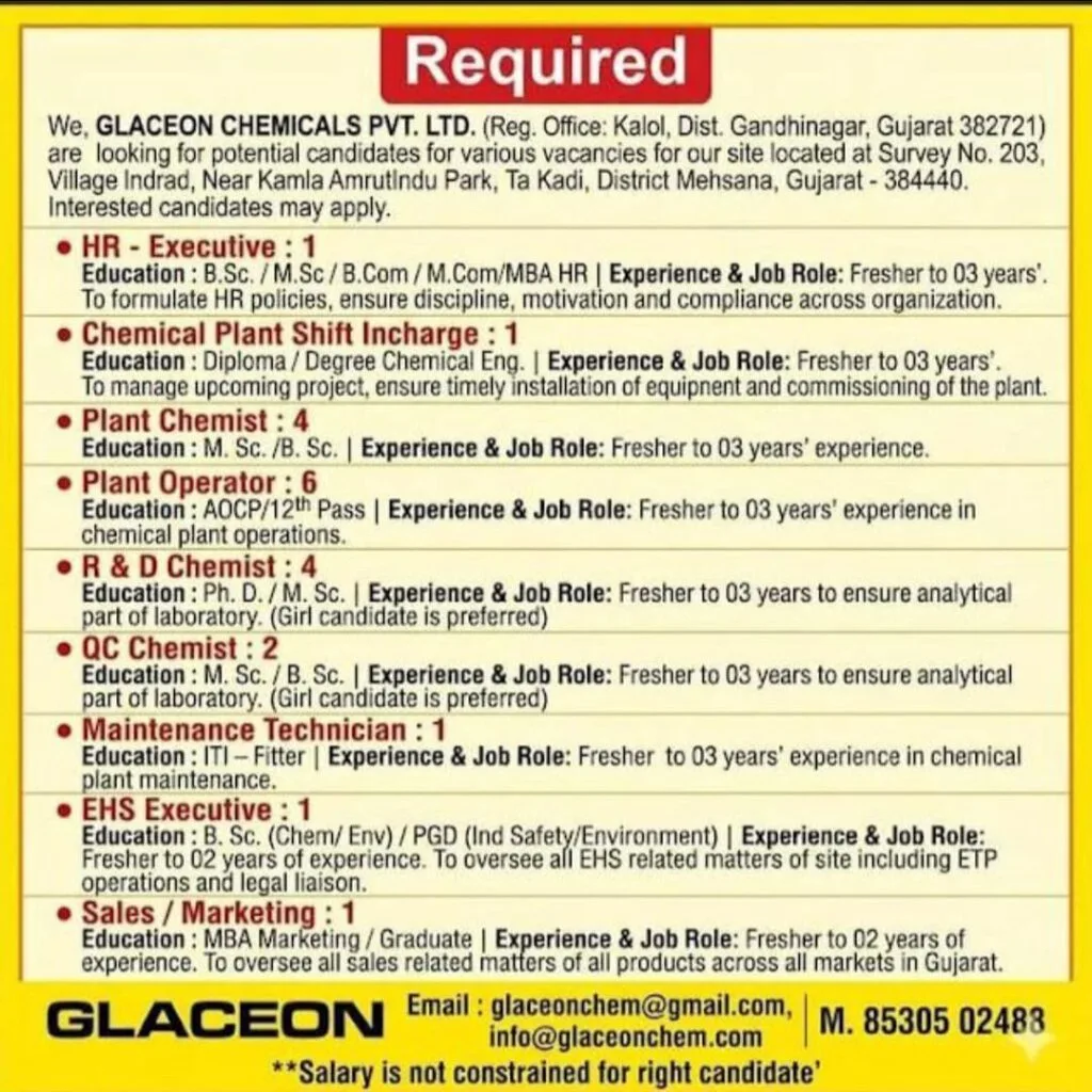 Glaceon Chemicals Hiring for Freshers and Experienced (2026)