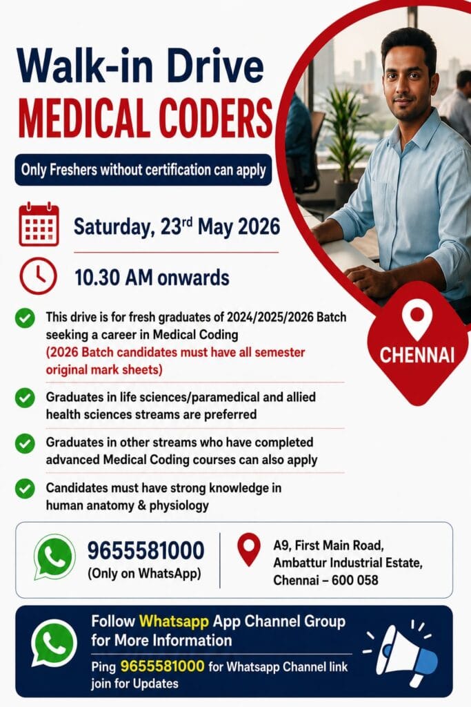 Medical Coders Walk-In Drive 2026 Freshers Chennai