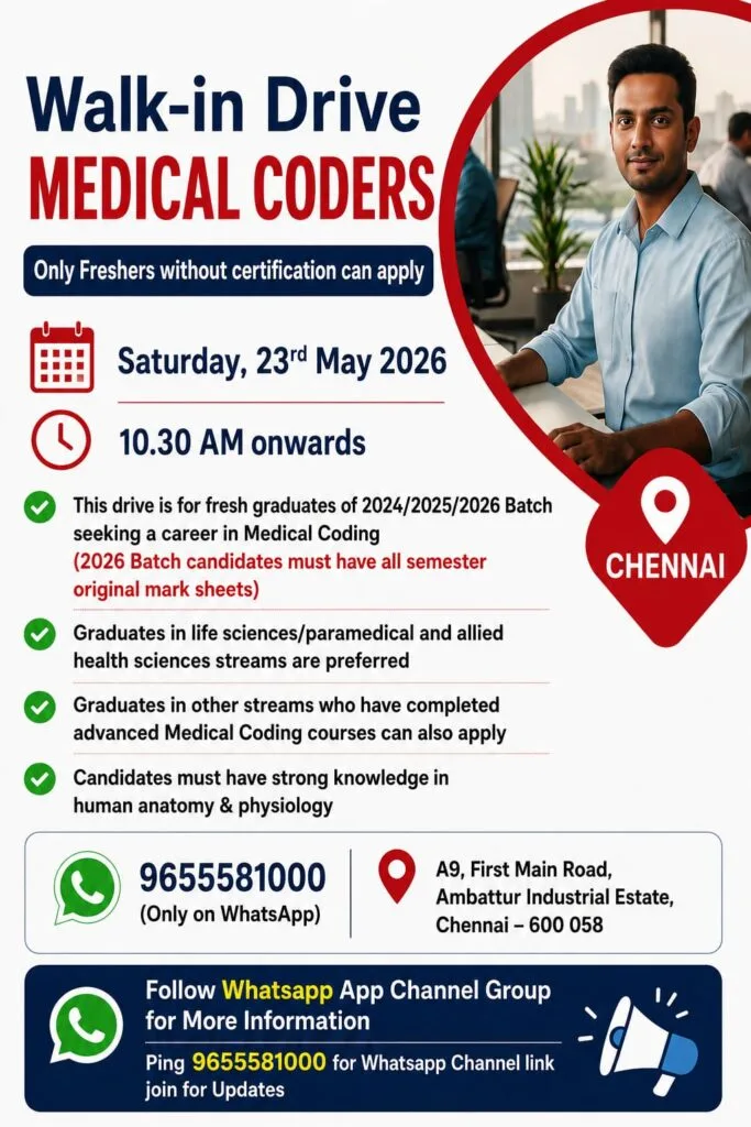 Medical Coders Walk-In Drive 2026 Freshers Chennai