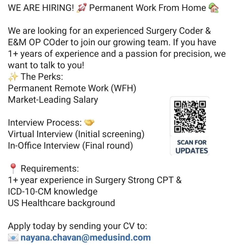 Medusind Hiring Permanent Work From Home for Surgery & E&M Coders