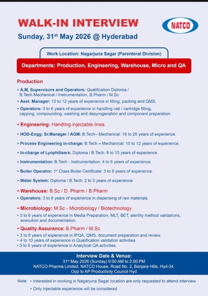 NATCO Pharma Walk-In Interview