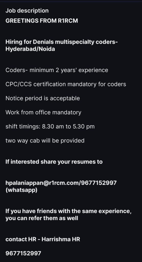 R1RCM Recruitment 2026  Denials Multispecialty Coder Jobs in Hyderabad & Noida