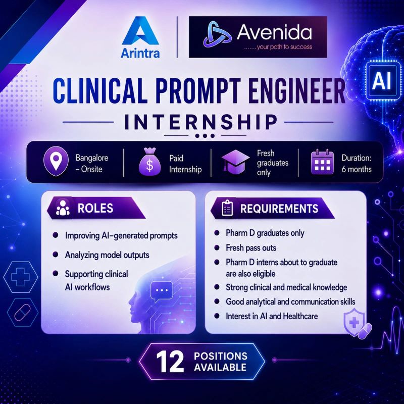 Arintra Clinical AI Prompt Engineering Internship 2026 | Pharm D Freshers 1 Clinical AI Prompt Engineering Internship