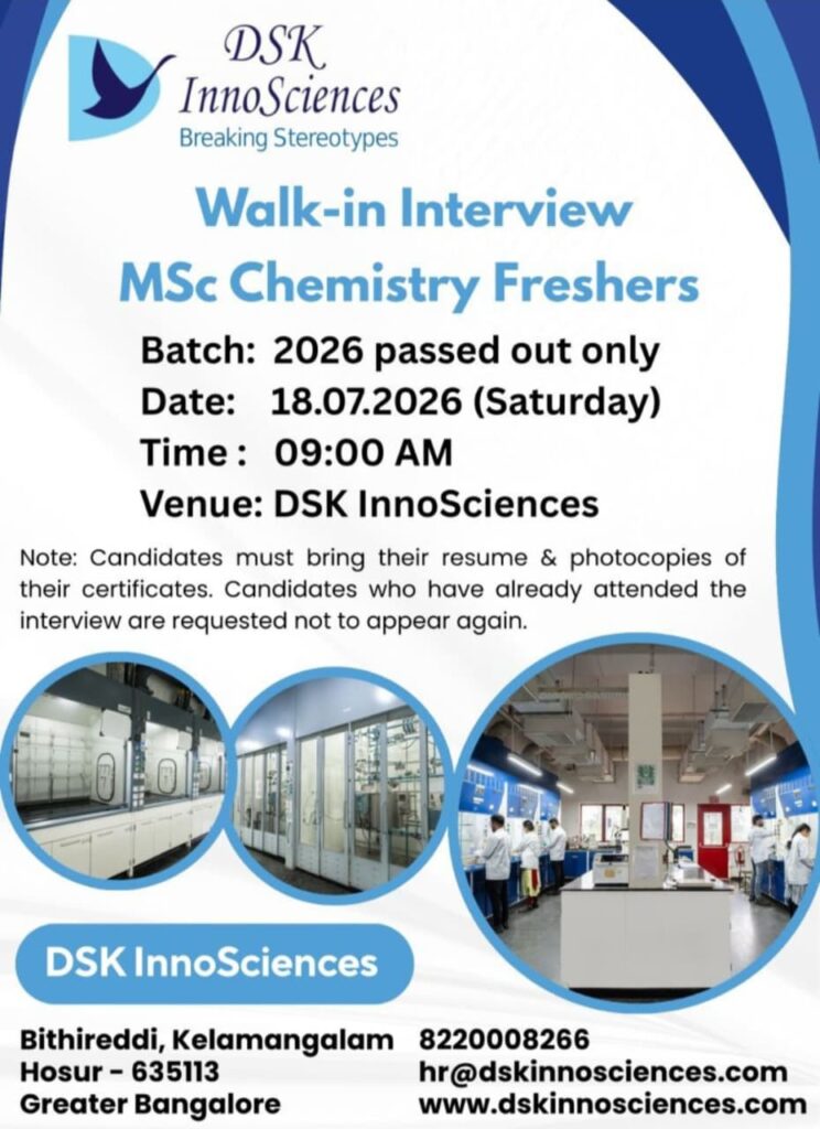 DSK InnoSciences Walk-In 2026 for MSc Chemistry Freshers 1 DSK InnoSciences Walk-In 2026 for MSc Chemistry Freshers
