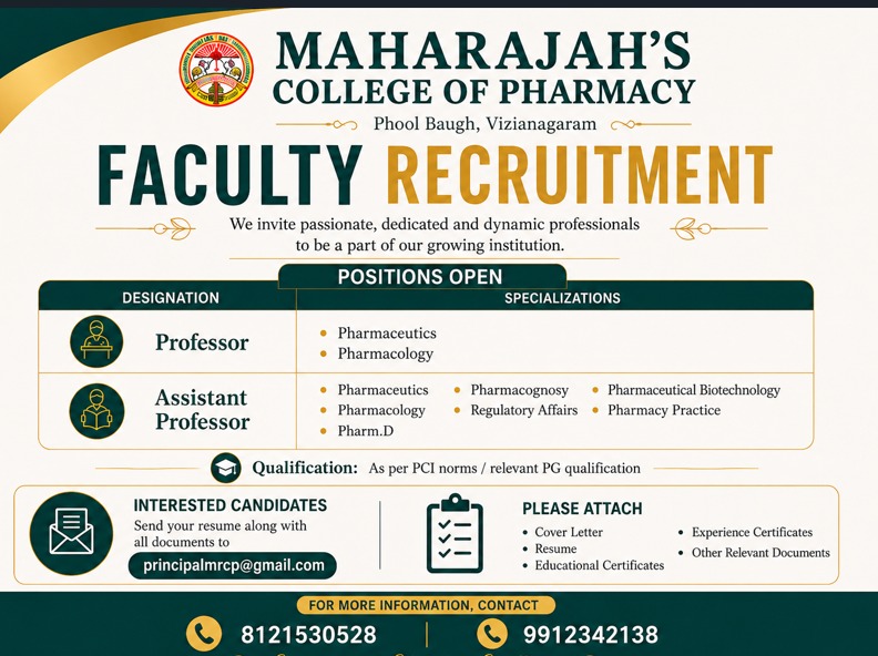 Maharajah's College of Pharmacy Faculty Recruitment 2026 | Professor & Assistant Professor Jobs 1 aharajah's College of Pharmacy Faculty Recruitment 2026 Professor & Assistant Professor Jobs