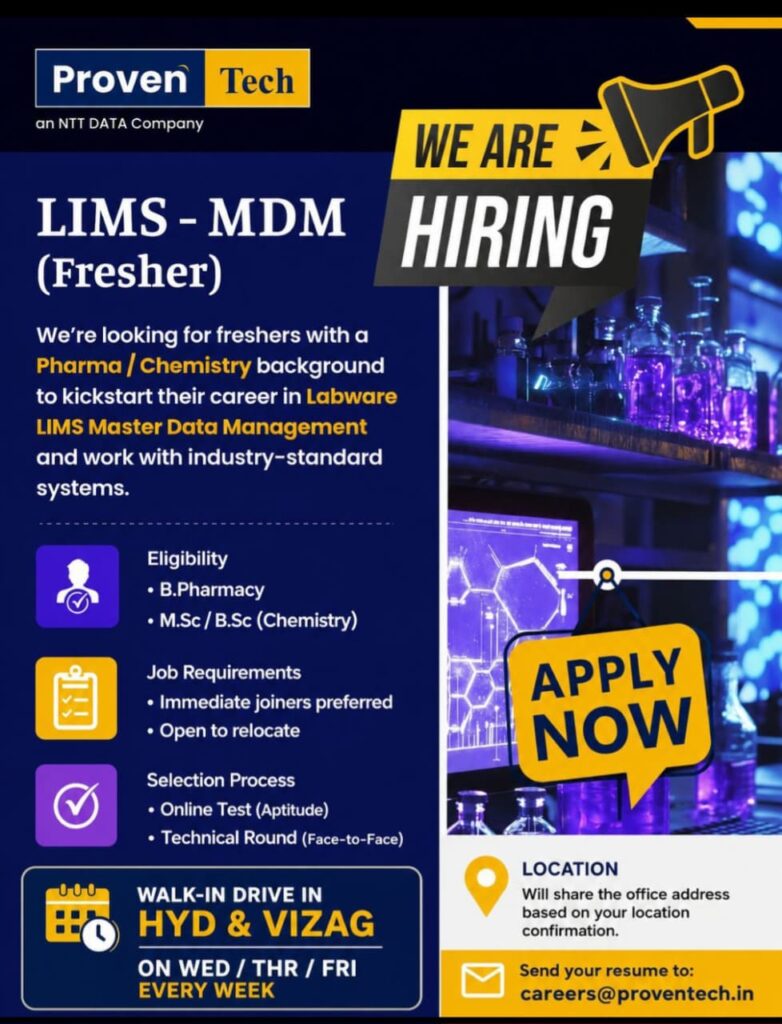 ProvenTech LIMS MDM Fresher Recruitment 2026 | B.Pharm & Chemistry Jobs 1 ProvenTech LIMS MDM Fresher Recruitment 2026 B.Pharm & Chemistry Jobs