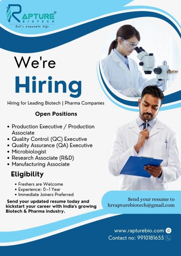 Rapture Biotech Freshers Recruitment 2026 | QC, QA, Production & R&D Jobs | Apply Now 1 Rapture Biotech Freshers Recruitment 2026