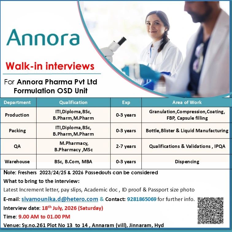 Annora Pharma Walk-In Interview 2026 | Production, Packing, QA & Warehouse Jobs 1 Warehouse Jobs