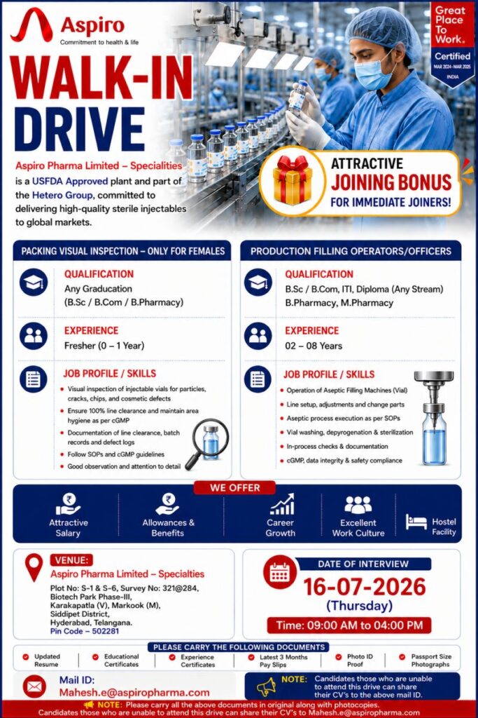 Aspiro Pharma Walk-In Drive 2026 | Freshers & Production Jobs 1 Aspiro Pharma Walk-In Drive