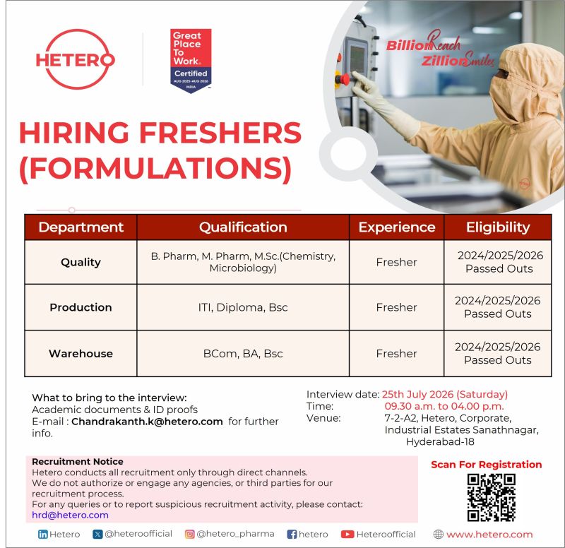 Hetero Freshers Recruitment 2026 | QA, Production & Warehouse Jobs | Walk-In Drive Hyderabad 1 Hetero Freshers Recruitment