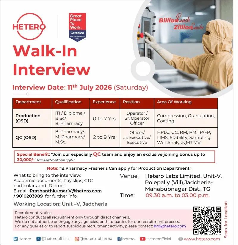 Hetero Labs Walk-In Interview 2026 | Production (OSD) & QC (OSD) Jobs | Jadcherla | Apply Now 1 Hetero Labs Walk-In Interview
