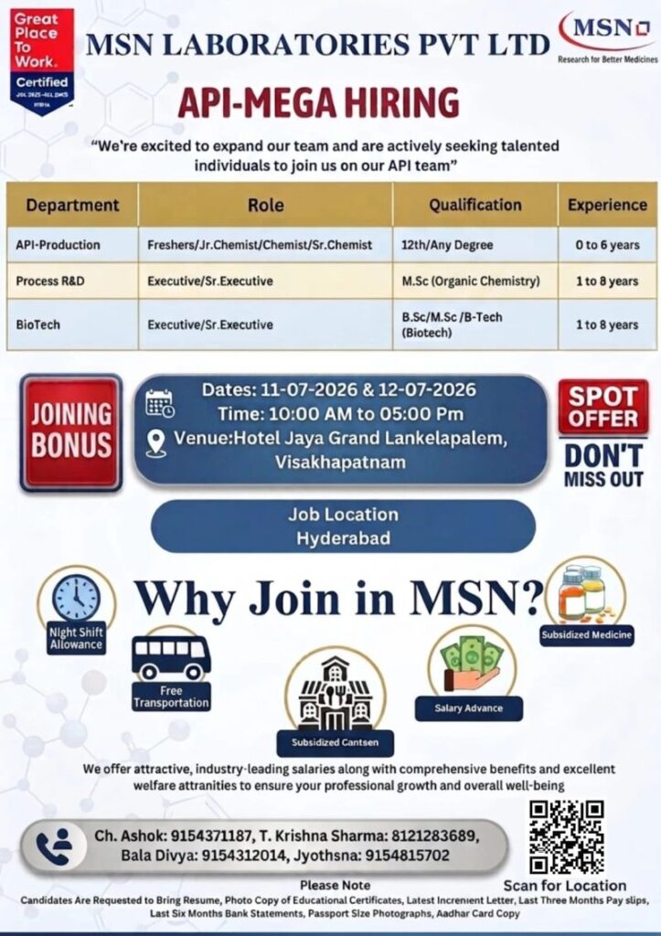 MSN Laboratories API Mega Hiring 2026 | Walk-In Drive for Production, Process R&D & Biotech | Freshers to 8 Years 1 API Production Jobs