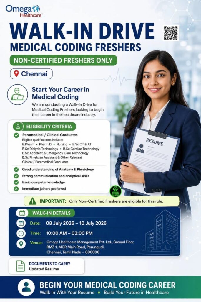Omega Healthcare Medical Coding Freshers Walk-In Drive 2026 | Chennai 1 Omega Healthcare Medical Coding Freshers Walk-In Drive 2026