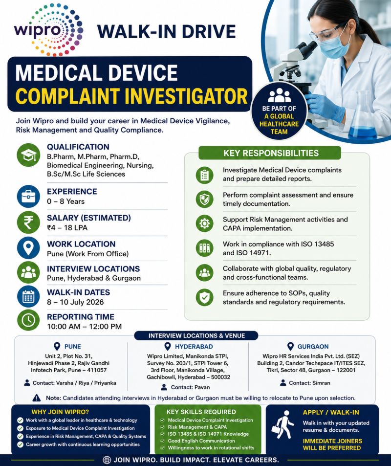 Wipro Walk-In Drive 2026 | Medical Device Complaint Investigator | Apply for Pune, Hyderabad & Gurgaon Interviews 1 Wipro Walk-In Drive