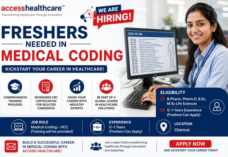 Access Healthcare Recruitment 2026 | Medical Coding Freshers Walk-In drive For Life Science/ Paramedical graduates 1 Medical Coding Freshers Walk-In Drive